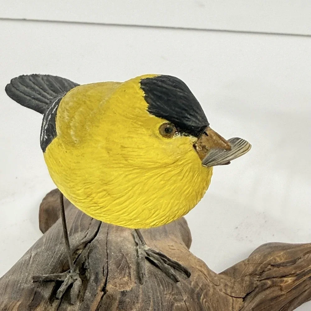 Vintage Hand Carved Wood Gold Finch Bird Figurine Driftwood Branch Signed